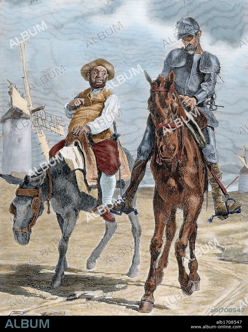 Spanish literature. "The Ingenious Hidalgo Don Quixote of La Mancha", written by Miguel de Cervantes Saavedra (1547-1616). Conversations between Don Quixote and Sancho Panza after the adventure of the windmills (Chapter VIII). Nineteenth century engraving by E. Vela. Colored.