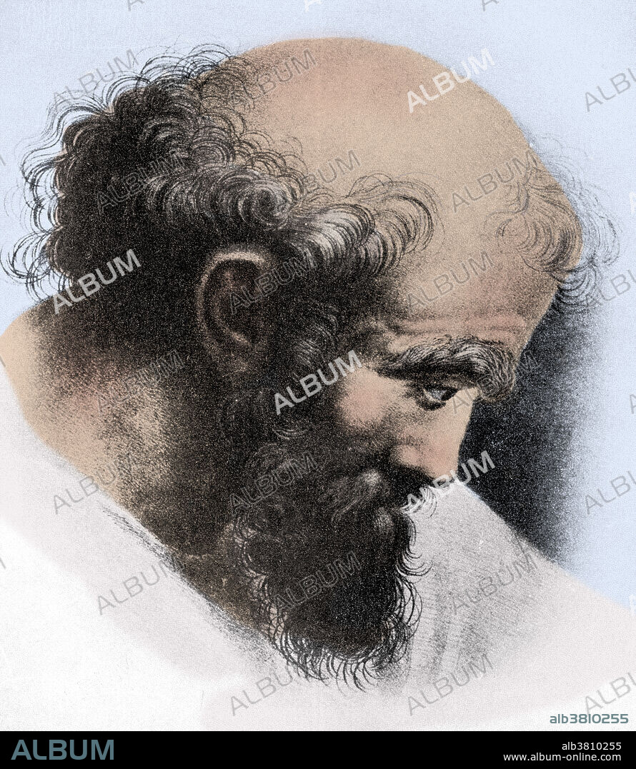 Portrait of Pythagoras taken from a portion of a fresco by Raphael. The Greek philosopher and mathematician Pythagoras made very important developments in astronomy, mathematics, and the theory of music. He was the founder of the religious and scientific society called the Pythagoreans and is best known for the Pythagorean theorem. The Pythagorean Theorem describes the relationship between the sides of a right triangle. It is often related thusly: ''In any right triangle, the area of the square whose side is the hypotenuse is equal to the sum of the areas of the squares whose sides are the two legs.'' Colored Version of BD8033.