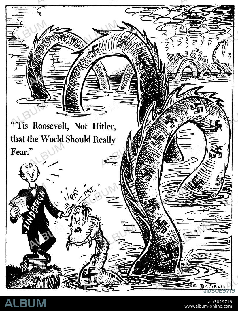 ANTI-LINDBERGH CARTOON.'Tis Roosevelt, Not Hitler, that the World Should Really Fear.' American cartoon by Dr. Seuss (Theodor Geisel) for 'PM', 2 June 1941, satirizing the celebrated aviator, Charles A. Lindbergh, as sympathetic to Nazi dictator Adolf Hitler, here represented as a gigantic sea serpent stretching across the Atlantic.