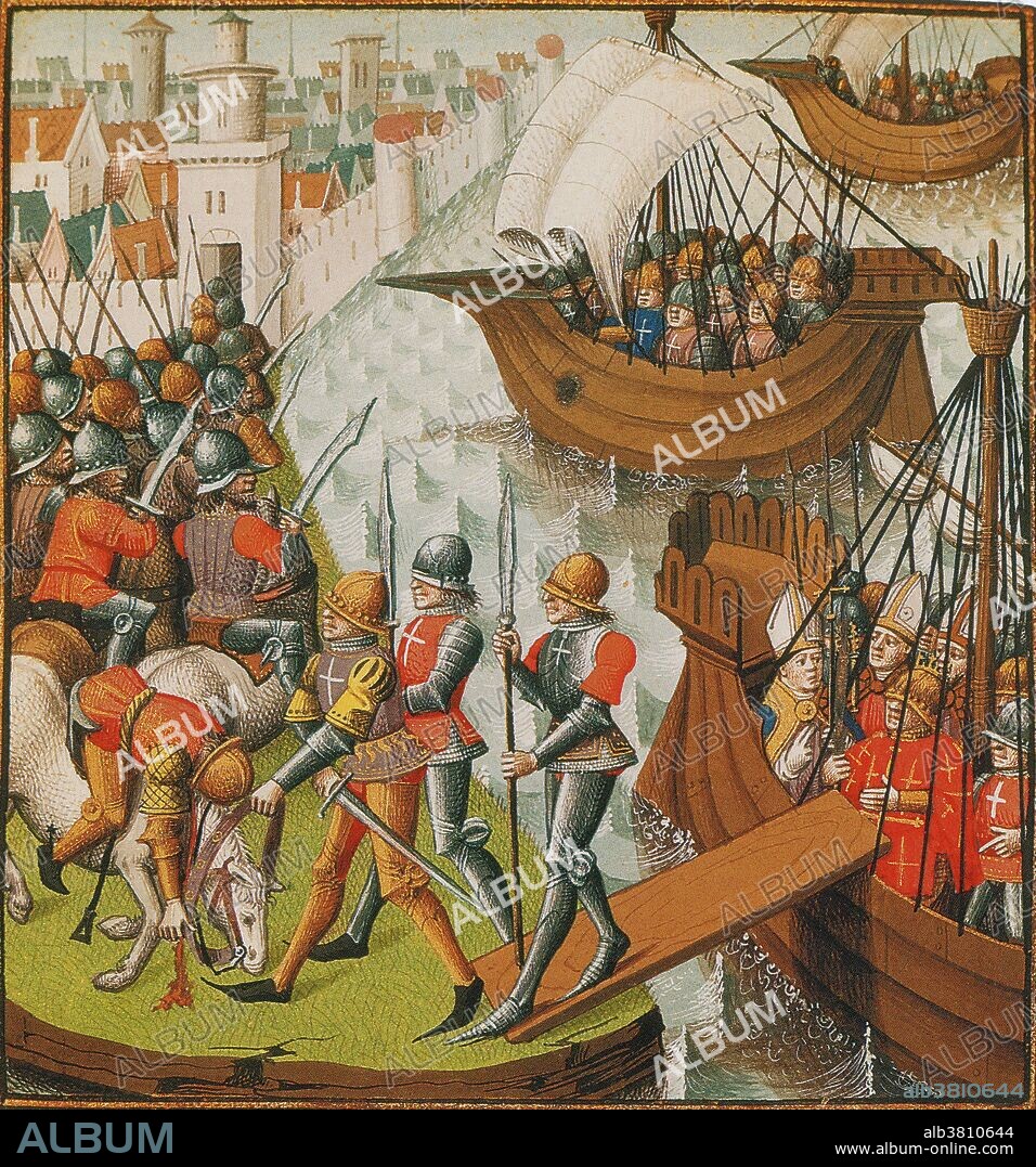 15th century illuminated manuscript shows the papal legate, Pelagius, waiting to disembark at Damietta, as troops prepare to besiege the city. The Siege of Damietta of 1218 was part of the Fifth Crusade (1213-1221) an attempt to reacquire Jerusalem and the rest of the Holy Land by first conquering the powerful Ayyubid state in Egypt. The knights lay siege to the city of Damietta with the aid of a Frisian fleet and a flotilla from the Republic of Genoa under father and son Simone and Pietro Doria. The city, under the control of the Ayyubid Al-Kamil, was besieged by and taken by the Crusaders in 1219.