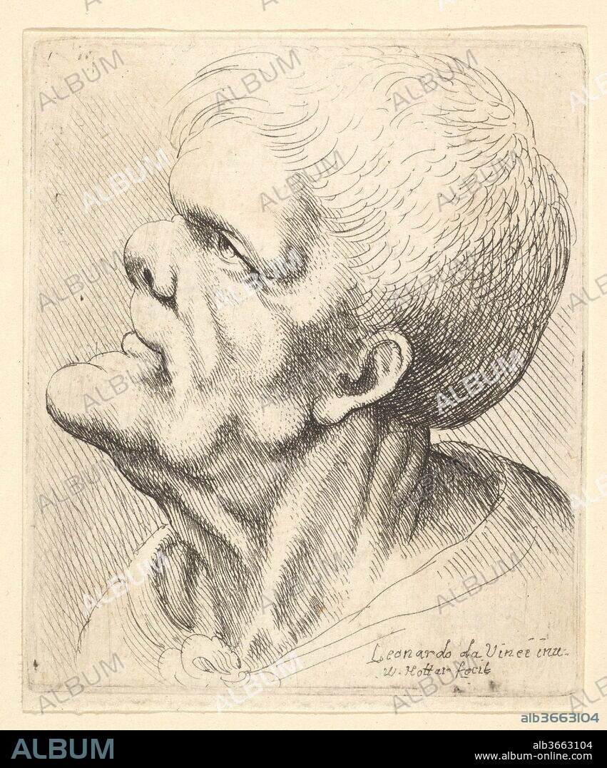 Head of a man with protruding chin and snub nose looking upwards in profile to left. Artist: After Leonardo da Vinci (Italian, Vinci 1452-1519 Amboise). Dimensions: Plate: 2 7/16 × 2 1/16 in. (6.2 × 5.2 cm)
Sheet: 2 1/2 × 2 1/16 in. (6.4 × 5.2 cm). Etcher: Wenceslaus Hollar (Bohemian, Prague 1607-1677 London). Date: 1625-77.
Head of a man with protruding chin and snub nose looking upwards in profile to left, after Leonardo da Vinci.