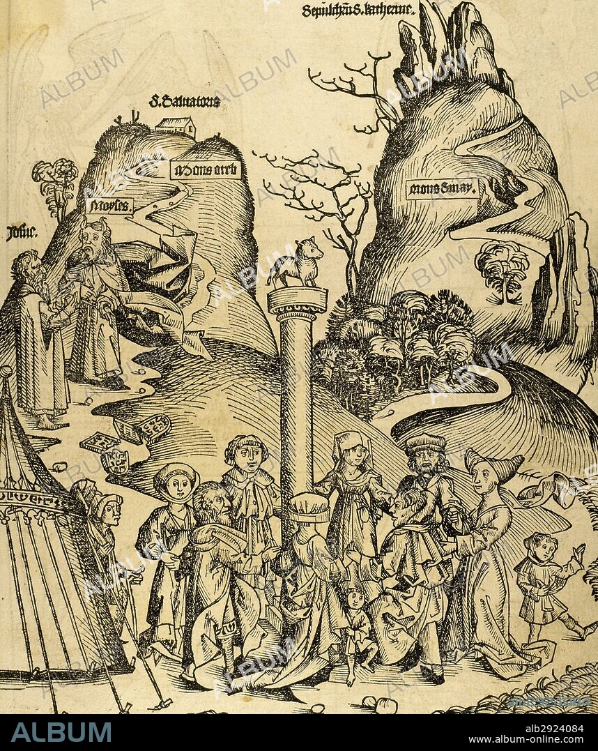 Moses and Joshua descend from Mount Sinai with the tablets of the Law broken and found the Israelites worshiping the golden fleece. Engraving in Liber Chronicarum by Hartman Schedel, 15th century. Latin edition.