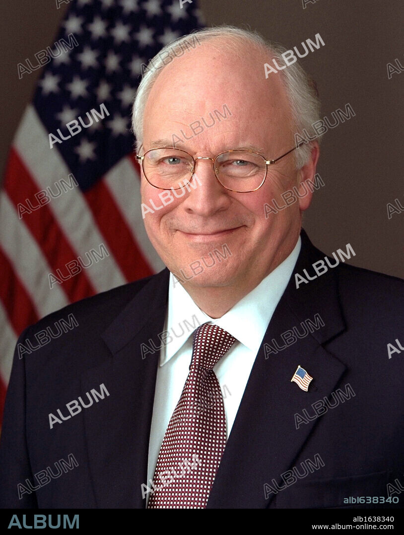 Richard Bruce 'Dick' Cheney (born 1941) served as the 46th Vice-President of the United States 2001-2009 under George W Bush. Head-and-shoulders portrait with stars-and-stripes in background. American Politician Republican.