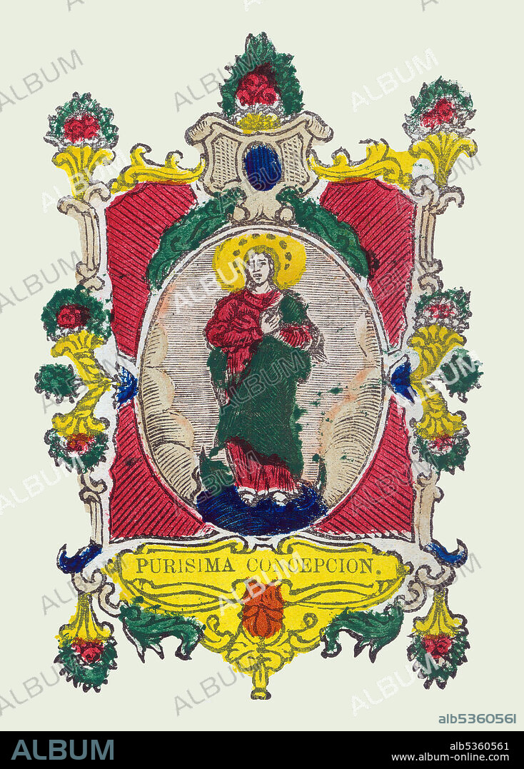 La Inmaculada Concepción de la Santísima Virgen María, conocida también como la Purísima Concepción, dogma de la Iglesia Católica. Estampería popular del siglo XVIII, pintado a mano.