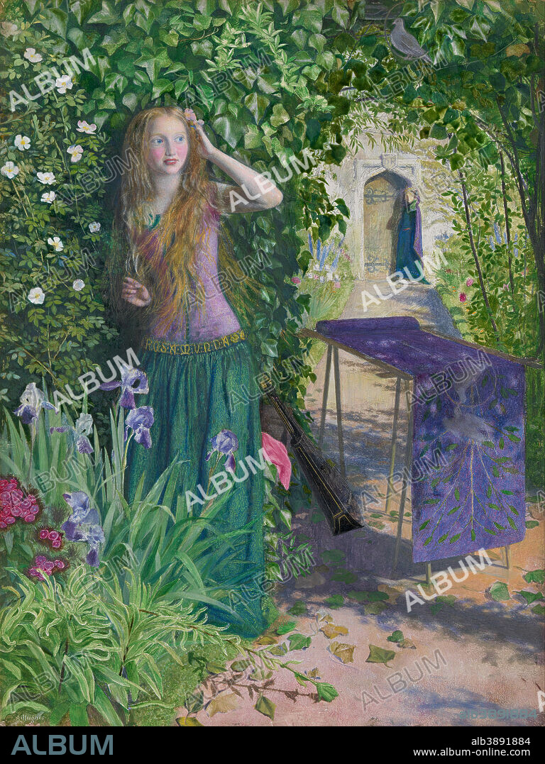 ARTHUR HUGHES. Fair Rosamund. Date/Period: 1854. Painting. Oil on cardboard oil on cardboard. Height: 403 mm (15.86 in); Width: 305 mm (12 in).