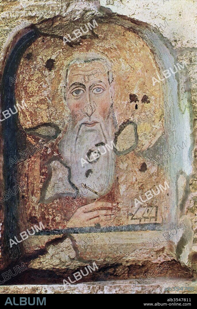 Fresco in the nave of Santa Maria Antiqua, Rome, Italy depicting the head of Saint Abbacyrus or Abba Cyrus, of Alexandria. From Roma Sacra, published 1925.