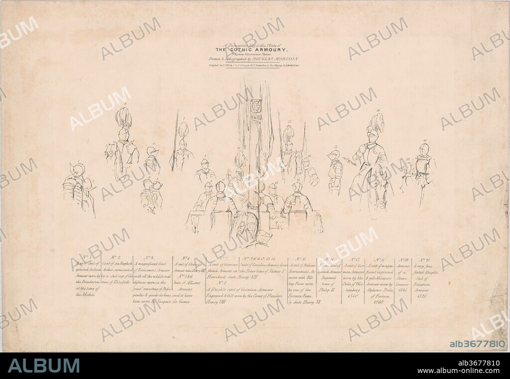 Descriptive Key to: The Gothic Armoury, 3 Grosvenor Street, London. Artist: Douglas Morison (British, London ca. 1810-1846/47 Dachet). Dimensions: sheet: 15 5/16 x 22 1/8 in. (38.9 x 56.2 cm). Publisher: P. & D. Colnaghi & Co.. Date: 1838.