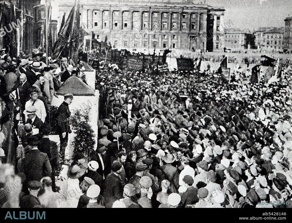 Vladimir Lenin makes a speech at a rally dedicated to the laying of a monument to Karl Liebknecht and Rosa Luxemburg. Karl Liebknecht was a German socialist politician and theorist, originally in the Social Democratic Party of Germany (SPD) and later a co-founder with Rosa Luxemburg of the Spartacist League and the Communist Party of Germany.