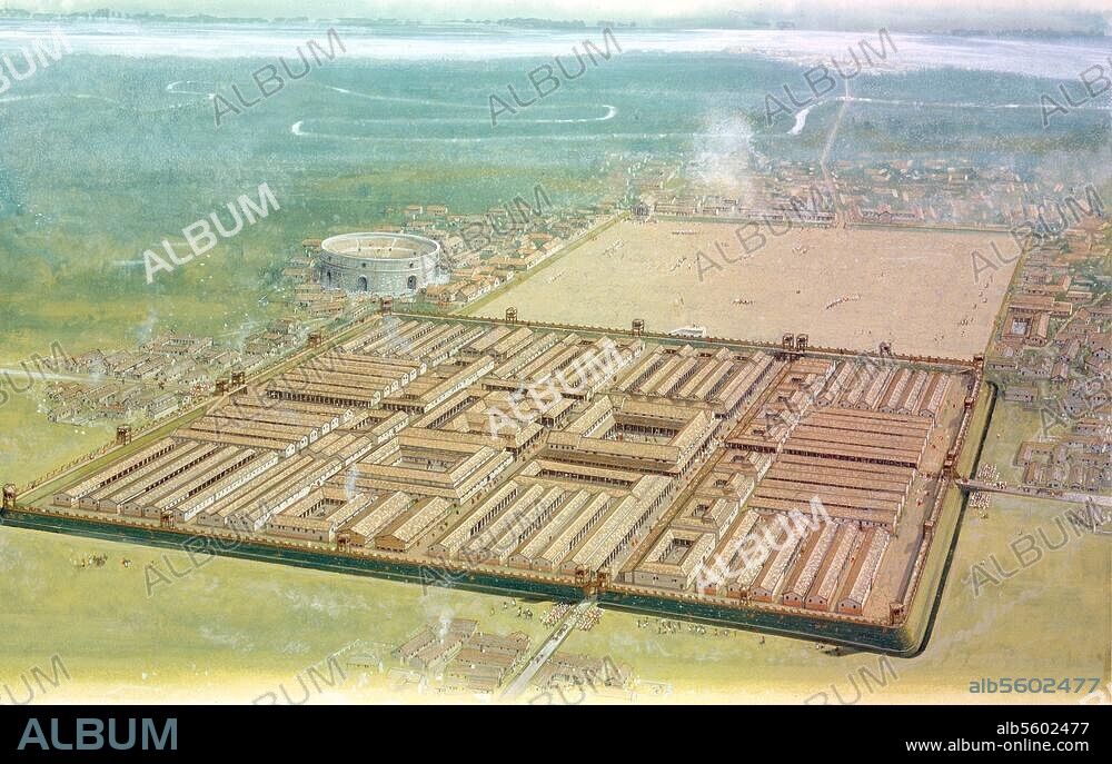 Kostolac (Yugoslavia). View of the Roman Fort of the 7th Legion (built middle of the 1st century) and the city of Viminacium (today Kostolac). (Reconstruction). Watercolour, undated, by Peter Connolly. (1935-2012).