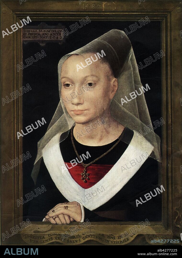 HANS MEMLING. 'Portrait of Marie, daughter of Willem Moreel', 1480.  Portrait known as 'Sibylla Sambetha'. Attempts to associate Mary Moreel have been rejected as she would have been too young in 1480 to be the woman portrayed.  Willem Moreel (1427/1428 - 1501) was mayor of Bruges, banker and patron he had five sons and eleven daughters. Oil on oak panel.