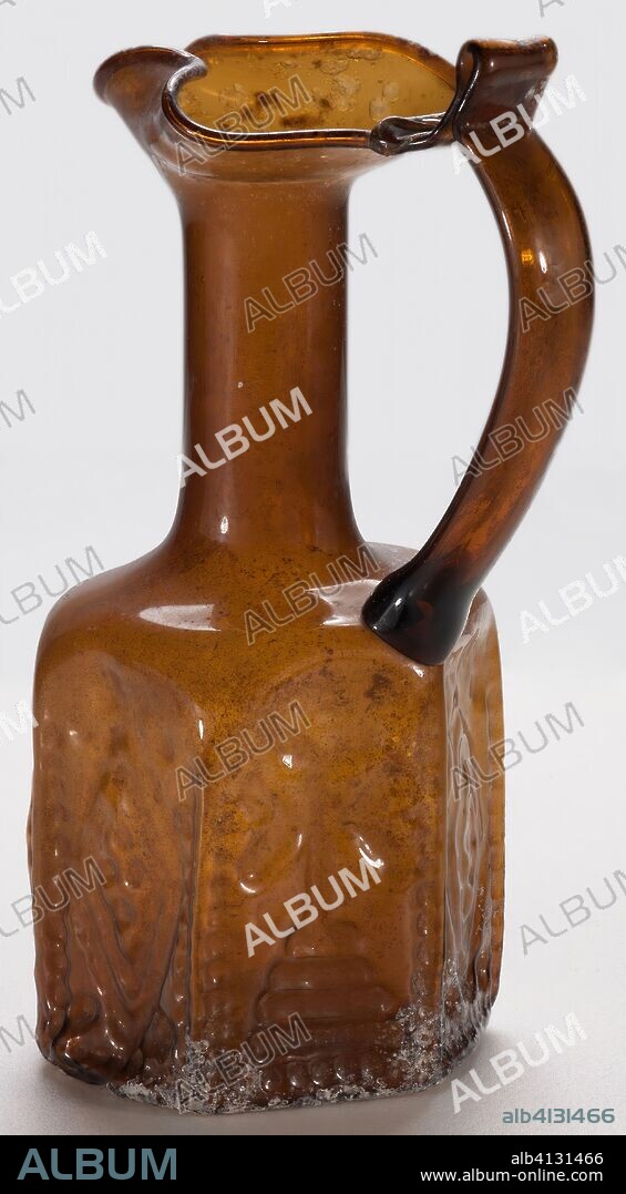 Pilgrimage Jug with Christian Symbols. Byzantine; Jerusalem. Date: 578 AD-636 AD. Dimensions: 15 × 9.1 × 7 cm (5 7/8 × 3 9/16 × 2 3/4 in.). Glass, mold-blown technique. Origin: Jerusalem, Latin Kingdom of.