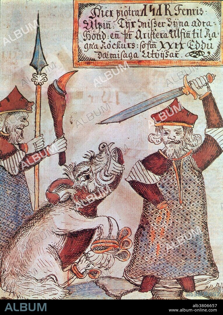 Fenrir, the monstrous wolf of Norse mythology, bites the hand off of a sword-wielding Tyr, the Norse god of war. Illustration from an 18th century Icelandic manuscript.