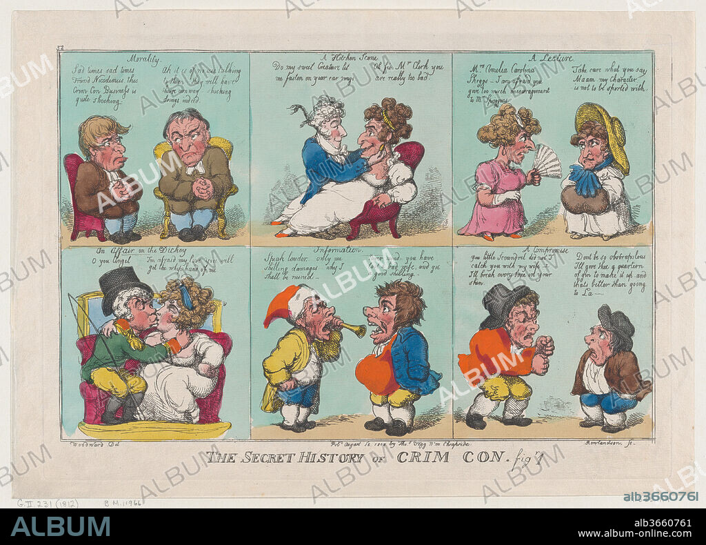 The Secret History of Crim Con, Fig 1. Artist: Thomas Rowlandson (British, London 1757-1827 London); After George Moutard Woodward (British, ca. 1760-1809 London). Dimensions: Sheet: 10 11/16 × 14 15/16 in. (27.2 × 38 cm)
Plate: 9 3/4 × 13 3/4 in. (24.8 × 34.9 cm). Publisher: Thomas Tegg (British, 1776-1846). Date: August 18, 1808.