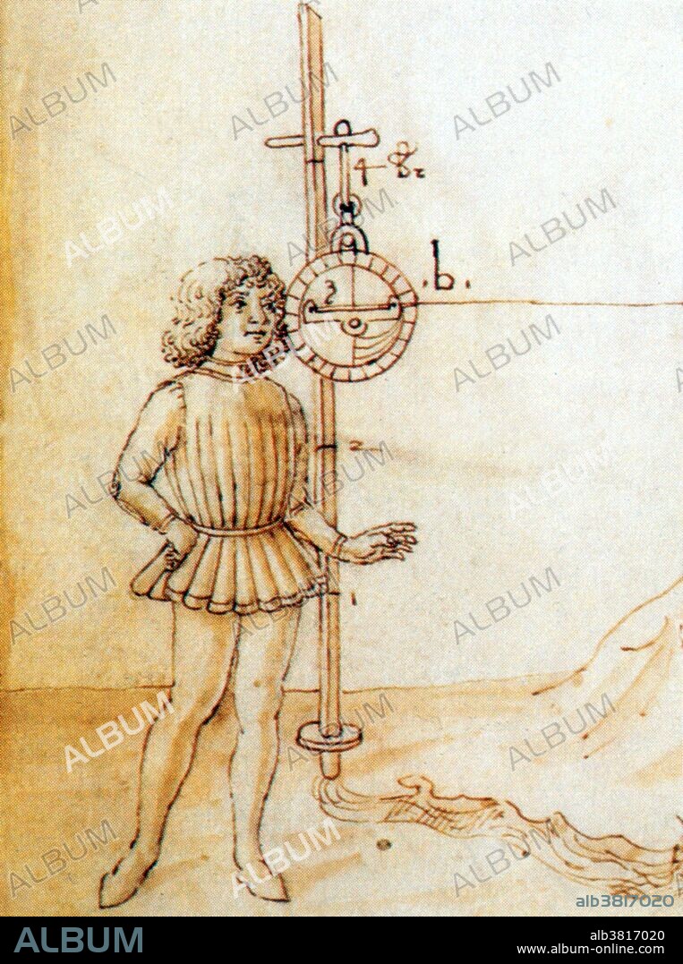 Anonymous (after Taccola) measuring a slope with an astrolabe. Between the Middle Ages and the Renaissance, Siena developed a series of technical specialities. Siena's artist-engineers put their skills into practice for their small republic and demonstrated their skill in depicting machines and mechanical systems. The two most prominent Sienese engineers were Mariano di Iacopo, known as Taccola, and Francesco di Giorgio. An astrolabe is an elaborate inclinometer, historically used by astronomers, navigators, and astrologers. Its many uses include locating and predicting the positions of the Sun, Moon, planets, and stars, determining local time given local latitude and vice-versa, surveying, triangulation, and to cast horoscopes. It was used in classical antiquity, through the Islamic Golden Age, the European Middle Ages and Renaissance for all these purposes. DETAIL of JA0759 .