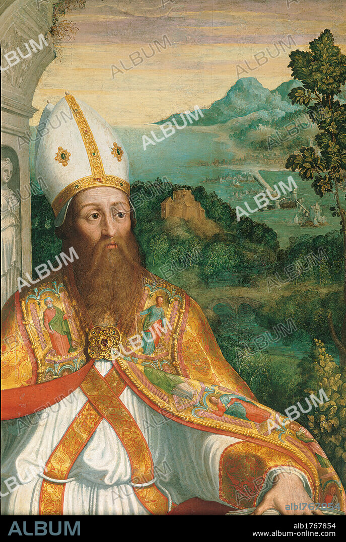 St Renatus, by Carlo Urbino, 1566, 16th Century,. Italy, Lombardy, Milan, Santa Maria presso San Celso Church. Detail. St Renatus man beard bishop tiara surplice stole tippet cope pin landscape woods forests mountains white red gold green.