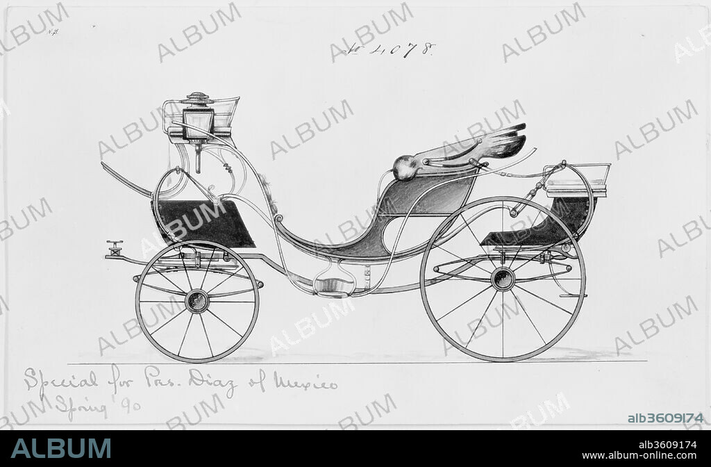 Design for 8 spring Victoria, no. 4078. Artist: Herman Stahmer (American, 1857-1894). Dimensions: Plate: 5 1/2 x 9 1/4 in. (14 x 23.5 cm). Manufacturer: Brewster & Co. (American, New York). Date: 1890.
Brewster & Company History
Established in 1810 by James Brewster (1788-1866) in New Haven, Connecticut, Brewster & Company, specialized in the manufacture of fine carriages. The founder opened a New York showroom in 1827 at 53-54 Broad Street, and the company flourished under generations of family leadership. Expansion necessitated moves around lower Manhattan, with name changes reflecting shifts of management-James Brewster & Sons operated at 25 Canal Street, James Brewster Sons at 396 Broadway, and Brewster of Broome Street was based at 372 & 374 Broome Street with a repository (showroom) on 14th Street & Fifth Avenue. By 1874, Brewster & Company had 400 employees and combined warehouse and factory facilities at 47th & 48th Streets and Broadway. Brewster successfully branched out to produce their own automobiles, as well as supplying bodies for Rolls Royce at their Long Island City location. Notable clientele included Alfred Gwynne Vanderbilt, August Belmont, J.P. Morgan, John Jacob Astor, Andrew J. Cassatt (brother of artist Mary Cassatt), William Rockefeller, Henry Clay Frick and Pierre Lorillard. 
Talented draftsmen employed by the firm included Paul Steinbeck, Herman Stahmer and John Gribbon, the latter teaching at the Carriage Builders and Designers Technical School, which opened in 1880 and was housed initially at the Metropolitan Museum of Art. When the company finally dissolved in 1923, its last owner William Brewster (1866-1949) donated its archive of design and presentation drawings to the Museum where he served as benefactor and trustee.
Of all American carriage manufacturers, none was as highly regarded for design, finish and quality as Brewster & Company. They won many awards for outstanding workmanship, including the Legion d'Honneur (Legion of Honor) at the 1878 Paris Exposition (3rd World's Fair). In appreciation for this achievement the Carriage Builders' National Association presented them with a gold enameled Tiffany & Company plaque and autograph book signed by leading American carriage builders, both now at the Metropolitan Museum of Art.
Merri Ferrell, 2016.