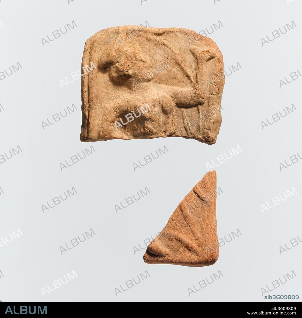 Two fragments of a terracotta plaque. Culture: Greek. Dimensions: H. of a  3 3/4 in. (9.5 cm); H. of b  3 1/4 in. (8.2 cm). Date: late 5th century B.C..
Dancing woman.