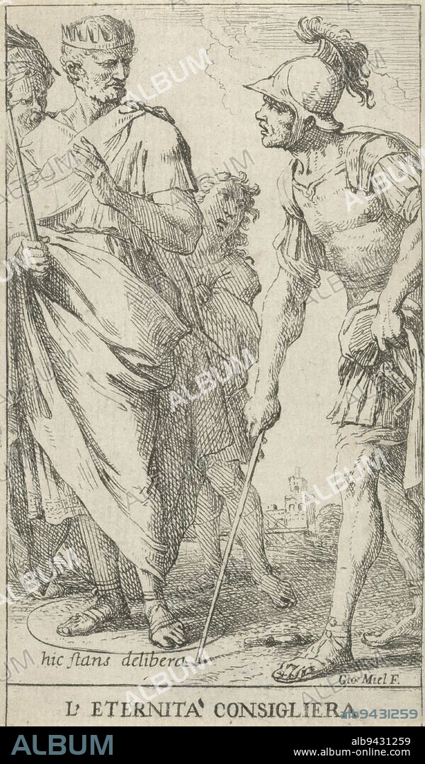 Roman consul Popilius Laenas draws a circle in the sand around the feet of King Antiochus IV Epiphanes. Popilius asked the king to give him an answer to the question of whether his conquered territories would be returned to Rome before he left the circle., Popilius Laenas draws a circle L' Eternita consigliera (title on object), print maker: Jan Miel, (mentioned on object), Italy, 1633 - 1664, paper, etching, h 128 mm × w 76 mm.