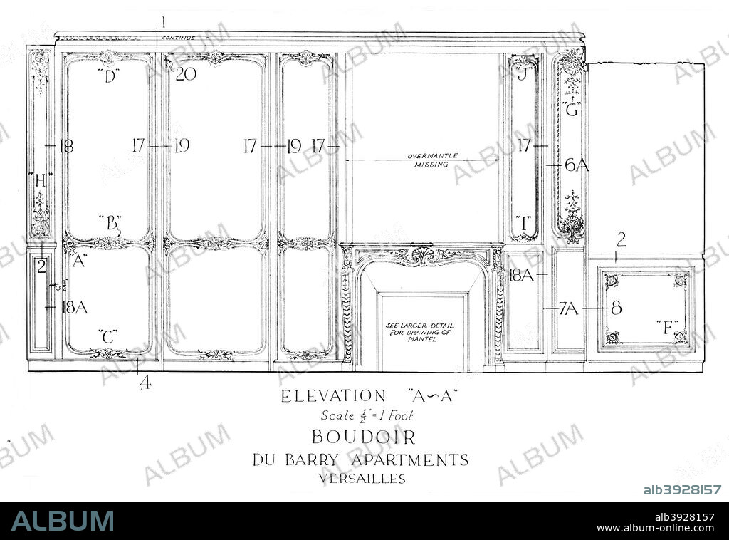 Elevation of the boudoir, Du Barry Apartments, Versailles, 1926. The apartments of Madame du Barry, chief mistress of King Louis XV of France, in the Palace of Versailles. From The Architectural Forum Volume XLIV [Rogers and Manson, New York, 1926].