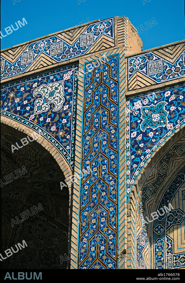 Masjid i Ali (Mosque of Ali), by Unknown Artist, 1521, 16th Century,. Iran, Esfahan, Isfahan, Isfahan, Masjid-i Ali (Mosque of Ali). Detail of the facade the Mosque of Ali is the most ancient Safavid Dynasty monument that has survived in Isfahan. Alternated masonry and ceramic decorations characterized by clear and orderly designs patterns plant volutes floral decoration leaves flowers. 2009 photograph.