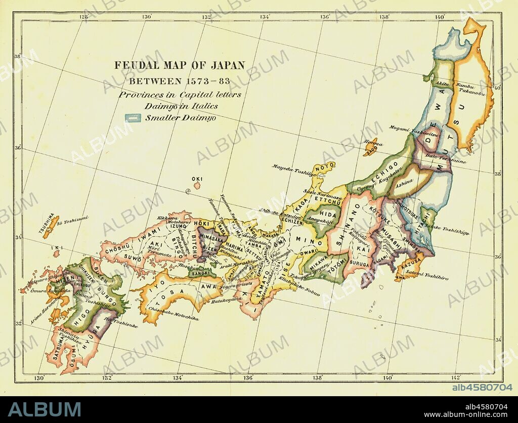 Feudal Map of Japan between 1573 -83', (1903). The feudal period of Japanese  history was a time when powerful families (daimyo) and  military warlords (shogun) ruled Japan. The Azuchi-Momoyama period began in 1568 with political unification of warlords Toyotomi Hideyoshi and Oda Nobunaga and ended in 1600 following the Battle of Sekigahara. From 'A History of Japan during the century of early foreign intercourse' (1542-1651) by James Murdoch, M.A. and Isoh Yamagata. [Kobe, Japan, 1903].