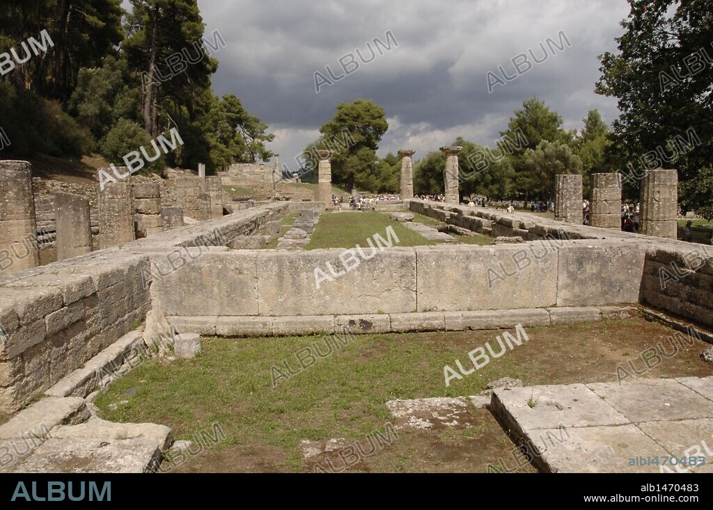 Temple of Hera (Heraion). Doric style. Peripteral and hexastyle. 6th century B.C. General view. Altis. Sanctuary of Olympia. Ilia Province. Peloponnese region. Greece.