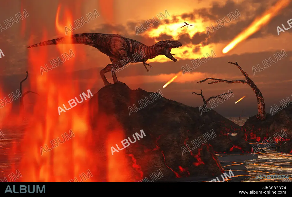 A mighty T. Rex roars as fireballs fall from the sky. - Album 