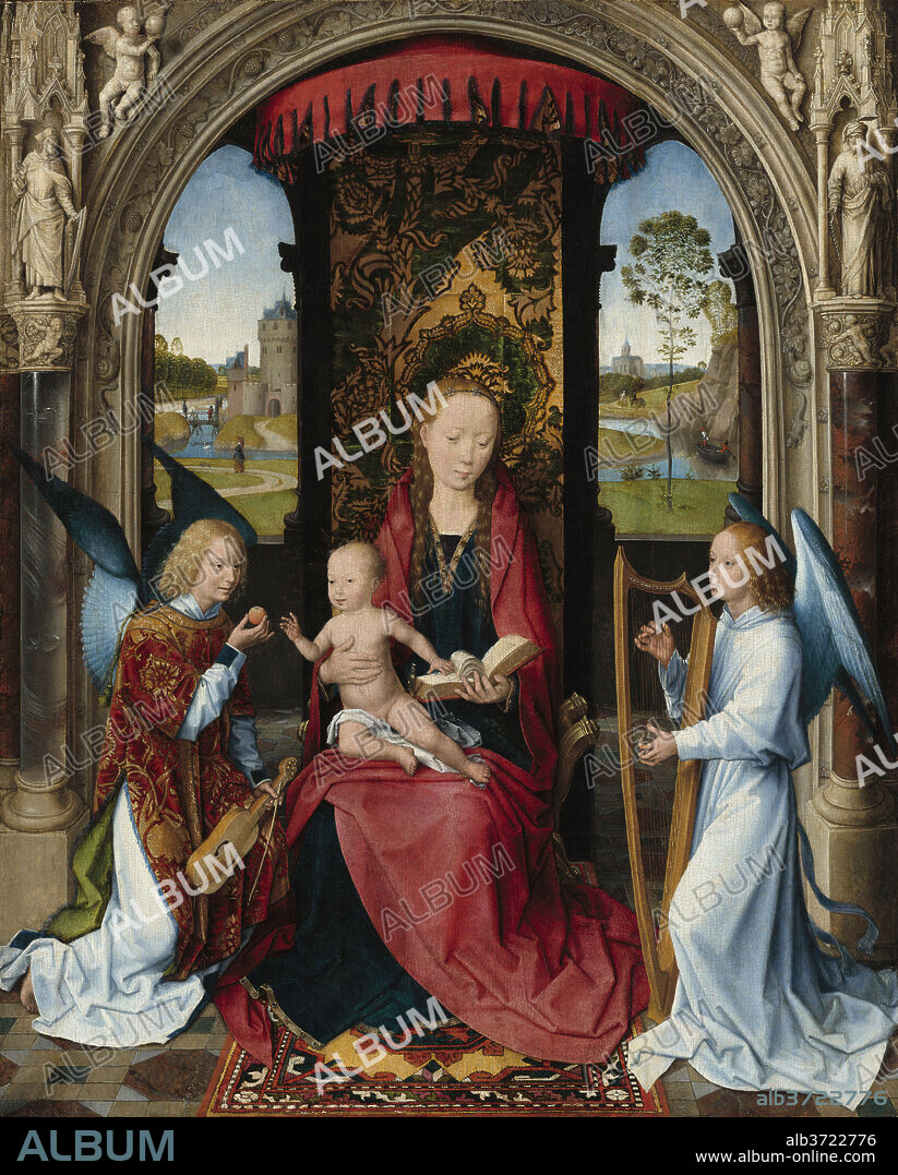 HANS MEMLING. Madonna and Child with Angels. Dated: after 1479. Dimensions: painted surface: 57.6 x 46.4 cm (22 11/16 x 18 1/4 in.)  overall (panel): 58.8 x 48 cm (23 1/8 x 18 7/8 in.)  framed: 86.3 x 77.4 x 11.4 cm (34 x 30 1/2 x 4 1/2 in.). Medium: oil on panel.