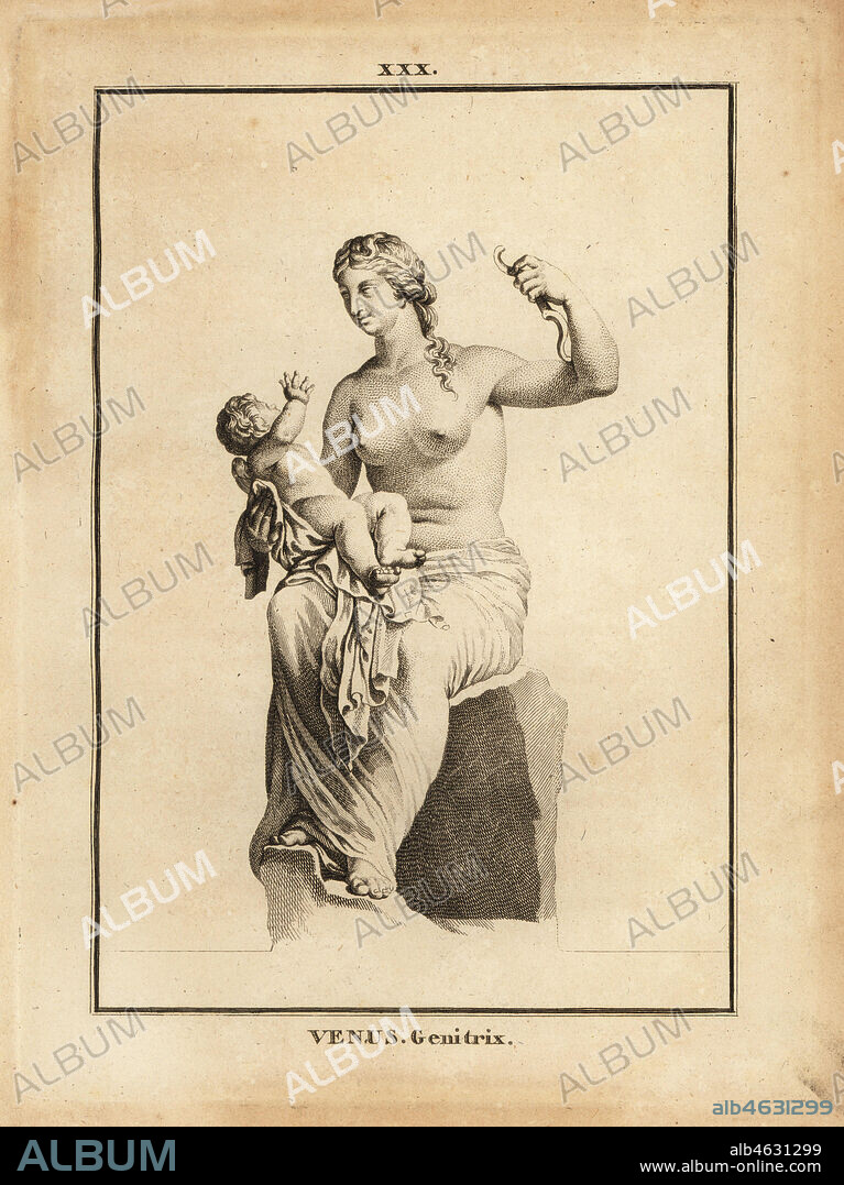 Statue of Venus Genetrix, Roman goddess of love, beauty, sex and fertility,  as mother with child Eros. Copperplate engraving by Francois-Anne David  from Museum de Florence - Album alb4631299