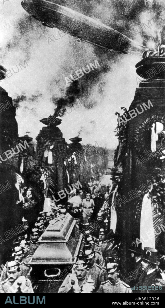 The funeral of Ferdinand von Zeppelin in Stuttgart, March 24, 1917. Ferdinand Adolf Heinrich August Graf von Zeppelin (July 8, 1838 - March 8, 1917) was a German general and later aircraft manufacturer. He saw active service in the Austrian war of 1866 and in the Franco-Prussian War of 1870. From the 1880s onward, he was preoccupied with the idea of guidable balloons. After his resignation from the army in 1891, he devoted his full attention to airships. His idea was for a rigid alumiium framework covered in a fabric envelope; separate multiple internal gas cells, each free to expand and contract thus obviating the need for ballonets; modular frame allowing addition of sections and gas cells; controls, engines and gondola rigidly attached. In 1906, he made two successful flights at a speed of 30 mph and in 1907 attained a speed of 36 mph. Within a few short years the zeppelin revolution began creating the age of air transportation. He died in 1917 at the age of 78.