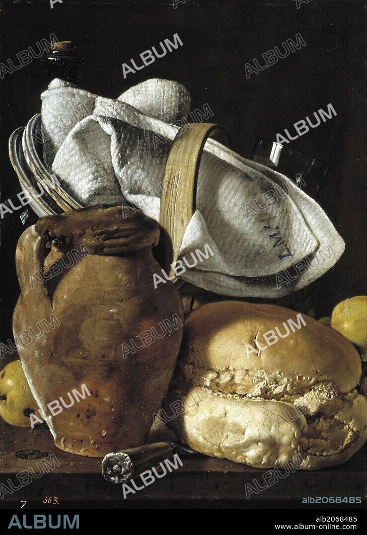 LUIS EGIDIO MELENDEZ. Luis Egidio Meléndez / 'Bodegón con cantarilla, pan y cesta con objetos de mesa', 1760, Escuela Española, Óleo sobre Lienzo, 48 cm x 34 cm, P00932.