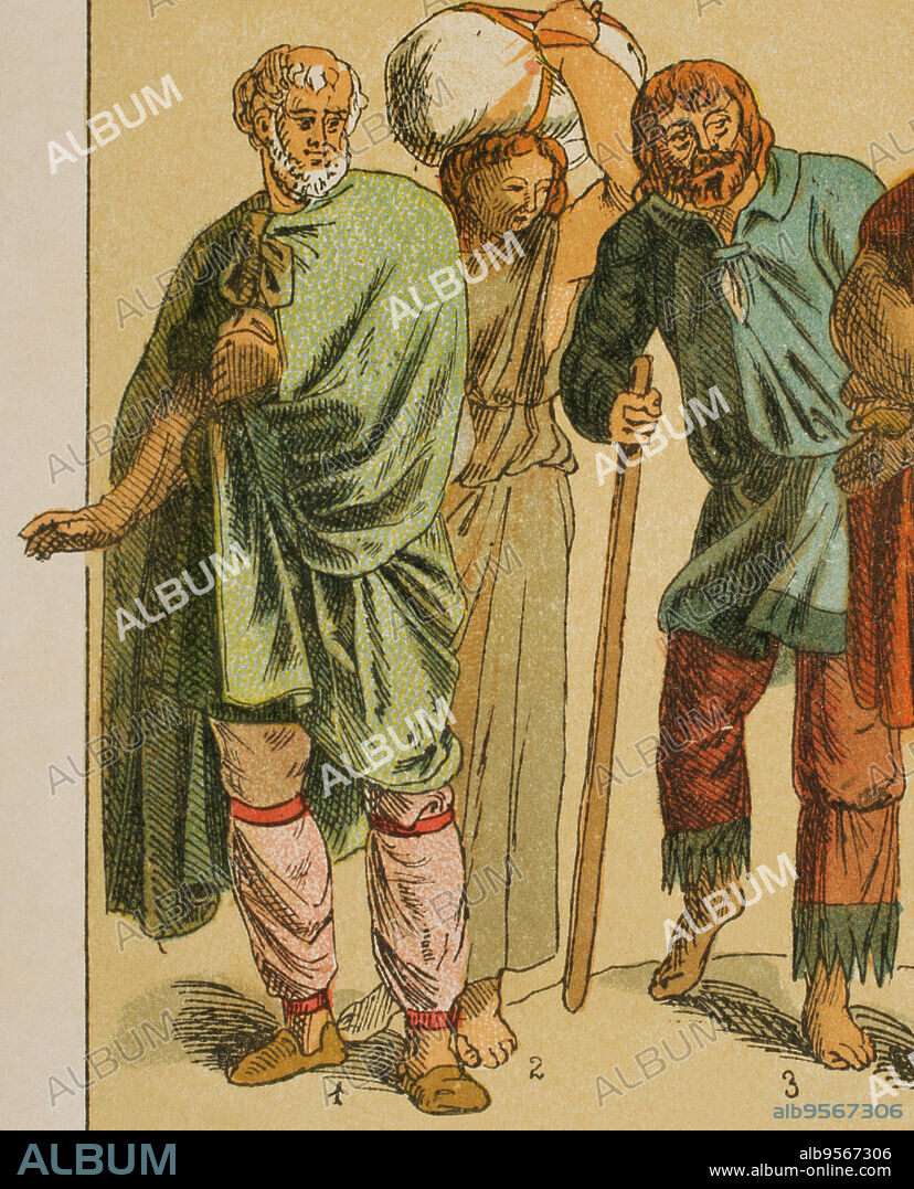 Germanic peoples. Goths. From left to right: 1- Eastern Goth costume, 2- Female Goth dress, 3- Eastern Goth costume. Chromolithography. "Historia Universal", by César Cantú. Volume III, 1882.