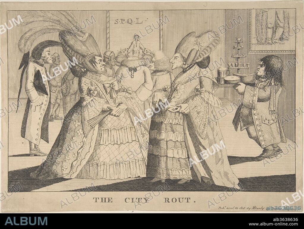 The City Rout. Artist: In the manner of Richard St. George Mansergh St. George (Irish, ca. 1750-1798). Dimensions: sheet: 9 3/4 x 13 15/16 in. (24.7 x 35.4 cm). Publisher: Published London by Matthew Darly (British, ca. 1720-80 London); Published London by Mary Darly (British, 1760-1781). Date: May 20, 1776.
Two elaborately dressed, coarse looking women face one another at a "rout" or social gathering for City of London tradesmen and their wives. Members of this class had recently grown wealthy through trade and could afford to ape the aristocracy. The image suggests that the adornments chosen by these party-goers are ill-suited to their bulky forms and graceless manners. In addition to richly embellished gowns and elaborate high hair-dos, one woman wears long ostrich feathers - expensive status symbols made au courant by Georgiana, Duchess of Devonshire. Refreshments carried by a short liveried waiter with unkempt hair underscore the mixture of low class and high taste. Elegant jelly glasses perch above a down-to-earth pie and foaming tankard of ale.