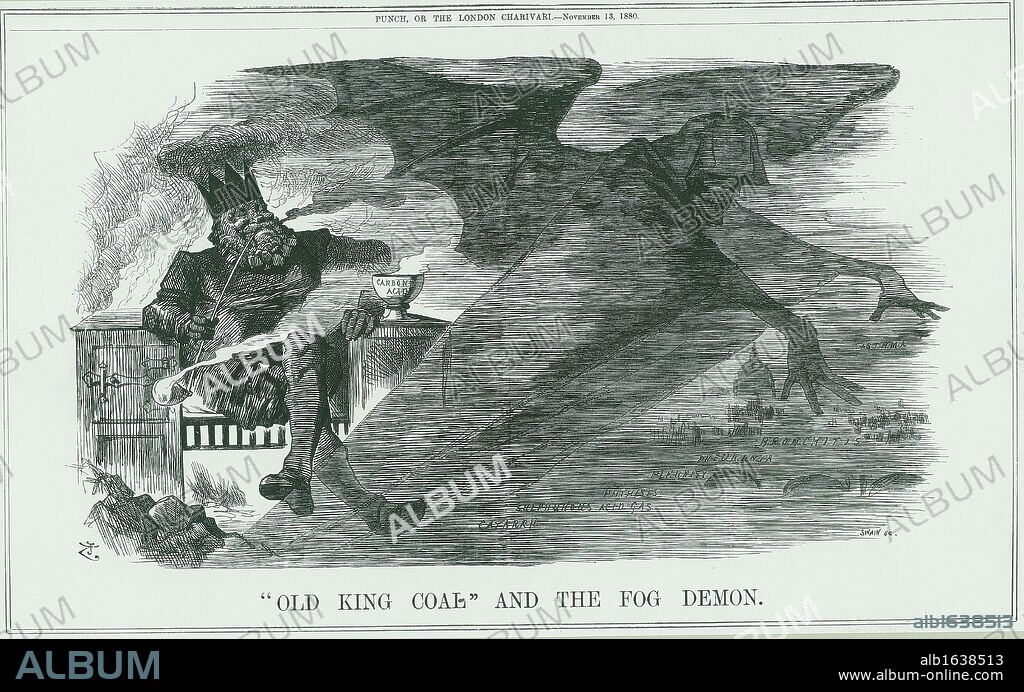 Effects of burning "Old King Coal" on London. The fog caused Asthma, Bronchitis, Pneumonia, Pleurisy, etc. John Tenniel cartoon from "Punch", London, 1880.