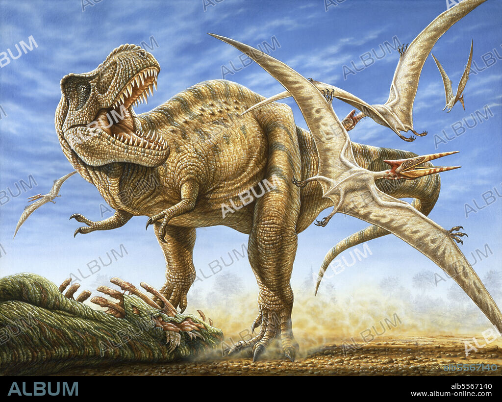 T-rex tries to fend off scavenging pterosaurs from his recent kill.