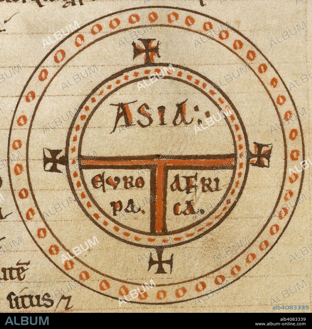 ISIDORE, SAINT, BISHOP OF SEVILLE. [Detail] Diagrammatic T-O map. The world is portrayed as a circle divided by a 'T' shape into three continents; Asia, Europe, and Africa . Etymologies. 12th century. Source: Royal 12 F. IV, f.135v. Language: Latin.