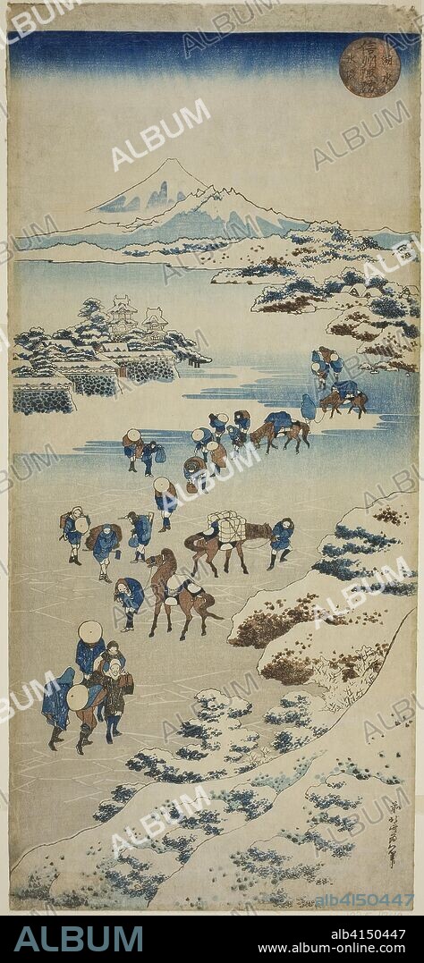 Crossing the Frozen Suwa Lake in Shinano Province (Shinshu Suwa kosui kori watari). Katsushika Hokusai ?? ??; Japanese, 1760-1849. Date: 1828-1838. Dimensions: 20 5/8 x 9 1/8 in. Color woodblock print; vertical nagaban. Origin: Japan.