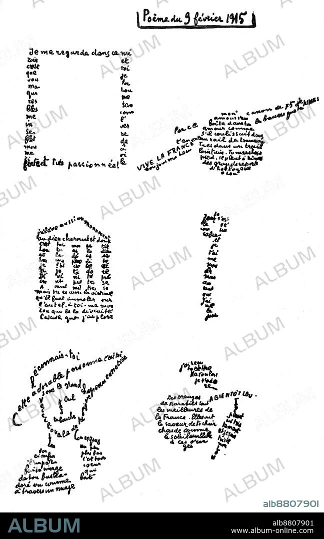 Calligram, poem by Guillaume Apollinaire (1880-1918) February 9, 1915.