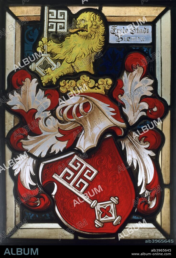 Coat of arms, 16th century. Stained glass window of a heraldic crest showing a lion with a key surmounting a crowned helmet. The inscription refers to the freedom of the town of Bremen in Germany.