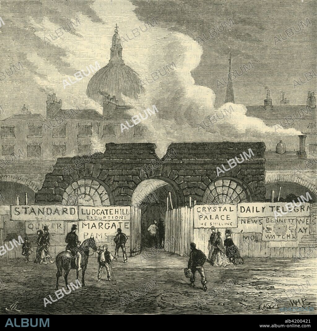 'The Last Remains of the Fleet Prison', c1872. Hoardings advertising the Crystal Palace outside the ruins of the prison, with a steam train and St Paul's Cathedral in the distance. The notorious prison by the River Fleet in London was originally built in 1197. During the 18th century it was mainly used for debtors and bankrupts. It was rebuilt several times, and was in use until 1844, being demolished in 1846. From Old and New London, Vol. II: A Narrative of Its History, Its People, and Its Places, by Walter Thornbury. [Cassell, Petter, Galpin & Co., London, Paris & New York].