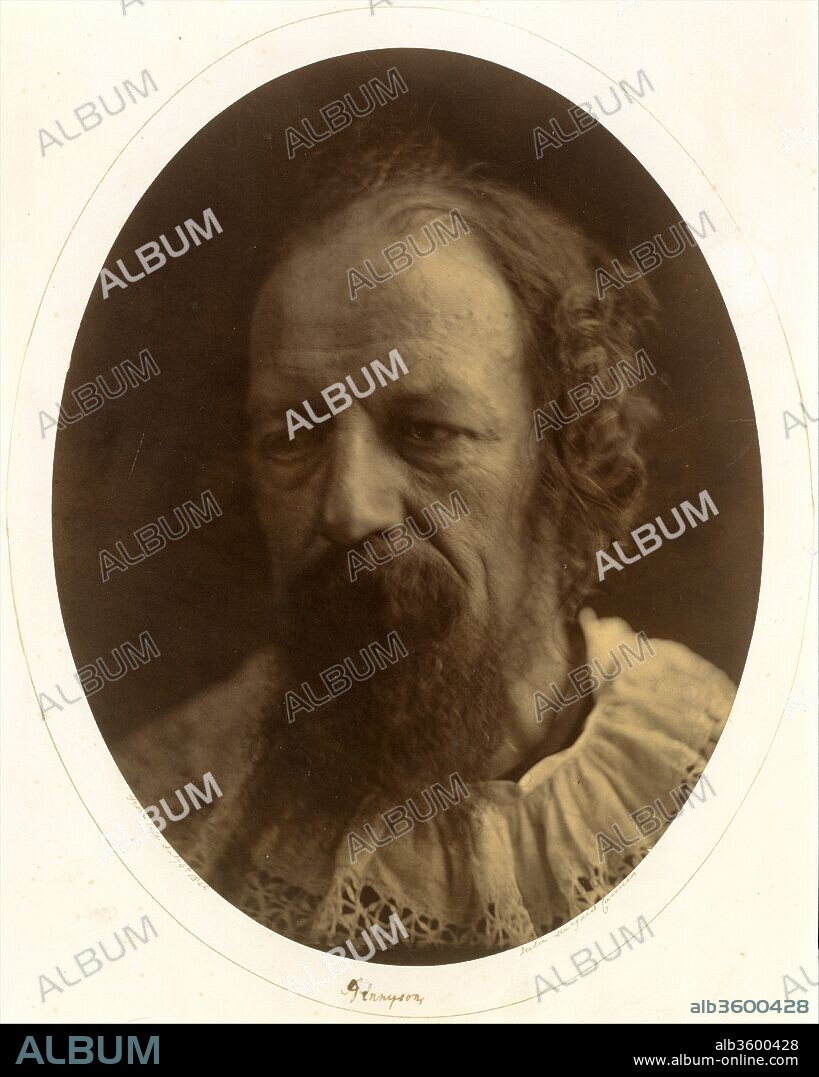 Alfred, Lord Tennyson. Artist: Julia Margaret Cameron (British (born India), Calcutta 1815-1879 Kalutara, Ceylon). Dimensions: 35 x 27 cm (13 3/4 x 10 5/8 in. ) irregular. Date: July 4, 1866.
When Cameron's husband retired in 1848 from the Calcutta Council of Education and the Supreme Council of India, they moved to England, settling first in Tunbridge Wells, near Charles's old friend the poet Henry Taylor, and later in Putney Heath, near the poet laureate Alfred, Lord Tennyson and his wife.  For Cameron, these men were not merely friends and neighbors, but also intellectual, spiritual, and artistic advisors.  In 1860, while her husband was in Ceylon checking on the family coffee plantations, Cameron visited the Tennysons' new home at Freshwater on the Isle of Wight and promptly purchased two cottages next door, which she joined together as the new family home.
Cameron's friendship and determination knew no bounds-indeed, her kindness could be overbearing at times.  It took three years of pleading before Cameron convinced Tennyson (who jokingly referred to her models as "victims") to sit for his portrait.