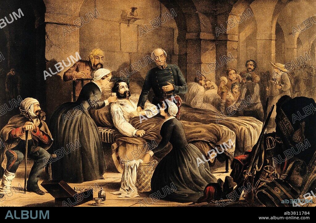 Florence Nightingale and her staff nursing a patient in the military hospital at Scutari. Colored lithograph, c. 1855, by T. Packer. Scutari is where Florence Nightingale worked during the Crimean War (1854-1856). Nightingale (1820-1910) was a British nurse, humanitarian and hospital reformer who is credited with establishing the foundations of modern nursing. Already an experienced nurse, she was appointed director of nursing operations at the war front during the Crimean War. There, her efforts to improve sanitation in the military hospitals drastically reduced the mortality rate among the sick. In 1860, on her return to England, she wrote the textbook Notes on Nursing. This was the first definitive textbook in the field and was translated into many languages.