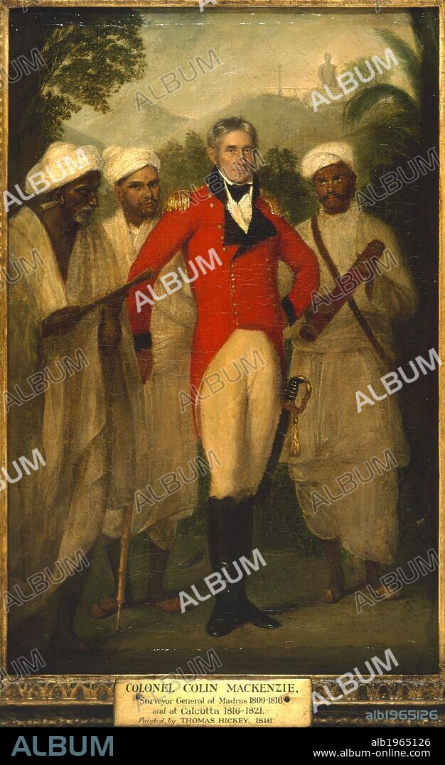 THOMAS HICKEY. Colonel Colin MacKenzie. 1816. Colonel Colin MacKenzie (1754-1821). MacKenzie, wearing scarlet uniform, is accompanied by three of his Indian assistants. In the distance is the colossal Jain statue of Gomateswara at Sravana-belgola in Mysore. Oil on canvas. British school.  Originally published/produced in 1816. . Source: Foster 13,.