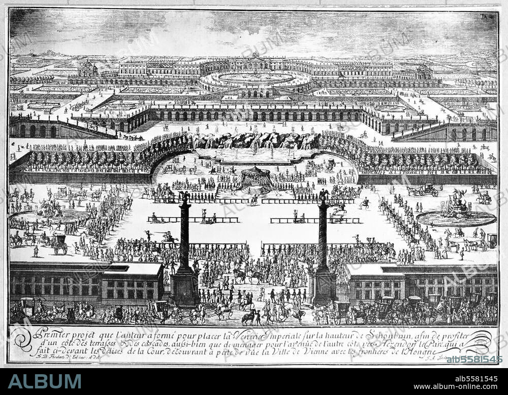 Wien, Schloß Schönbrunn. Erstes Projekt, um 1695, von Johann Bernhard Fischer von Erlach (1656-1723). Kupferstich von Johann Adam Delsenbach. (1687-1765). Aus: J.B.Fischer v. Erlach, Entwurf einer historischen Architektur, Wien 1721.