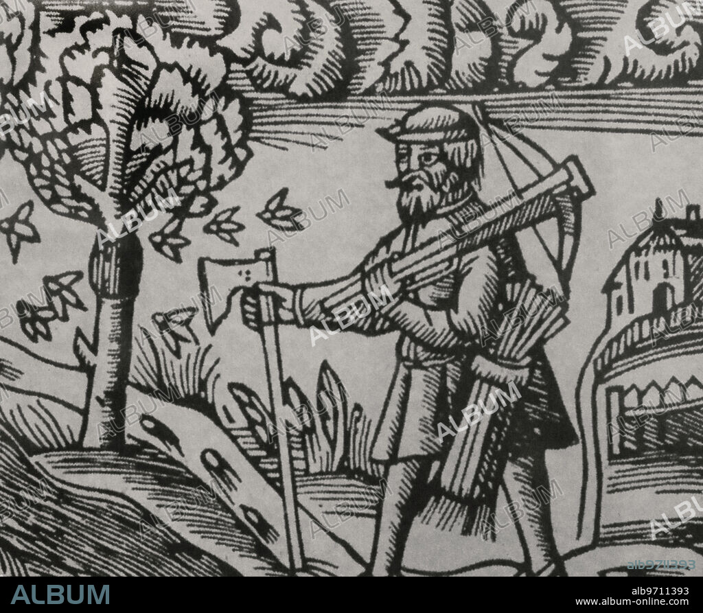 Peasant with axe, bow and arrows, 16th century, Woodcut of unknown artist. Sweden, 16th century.