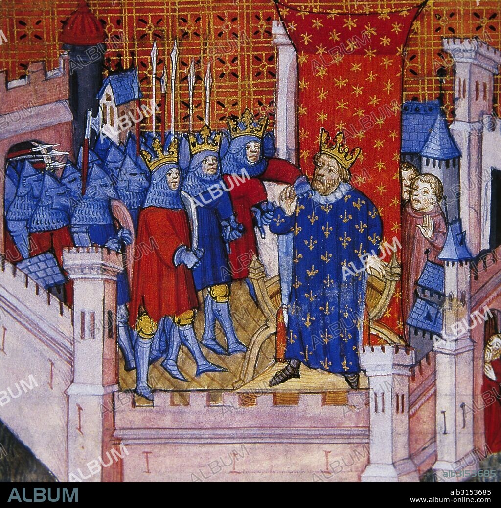 Chilperic I (c. 539-584). King of Neustria (or Soissons). Merovingian Dynasty. Miniature, 14th century. "King Chilperic receives the brothers and their armies who claim their share of the inheritance. Conde_ Museum. Chantilly castle. France.