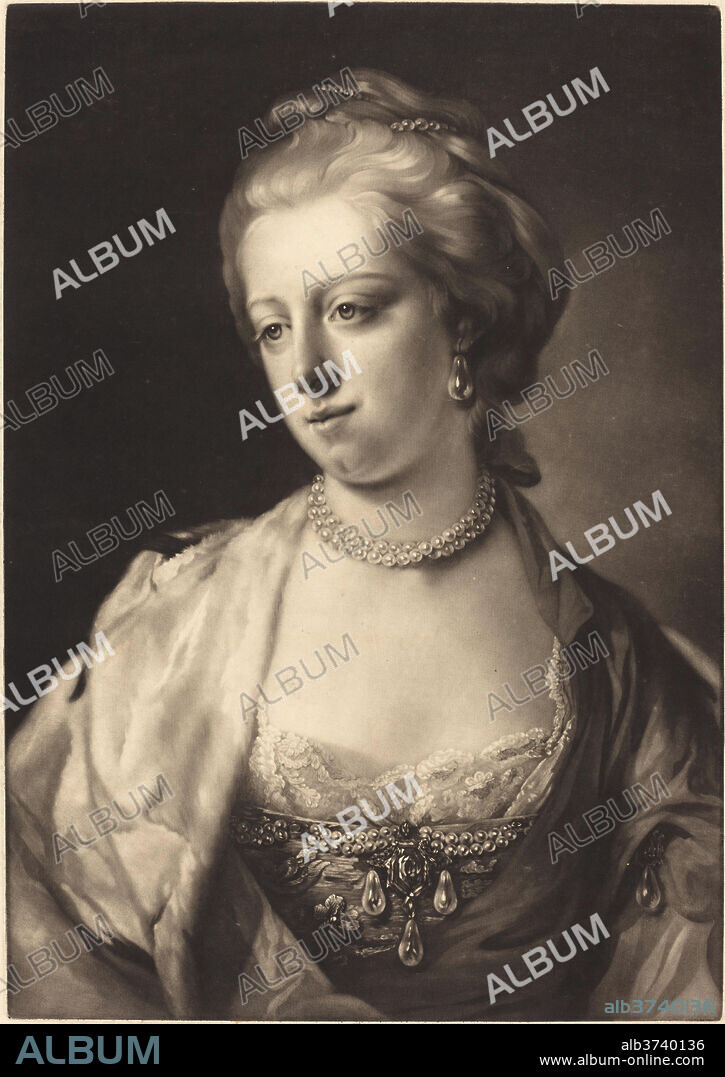 JAMES WATSON AFTER FRANCIS COTES. Princess Caroline Matilda, Queen of Denmark. Dated: c. 1771. Dimensions: plate: 50.2 x 35.5 cm (19 3/4 x 14 in.)  sheet: 66.5 x 52.2 cm (26 3/16 x 20 9/16 in.). Medium: mezzotint on laid paper.