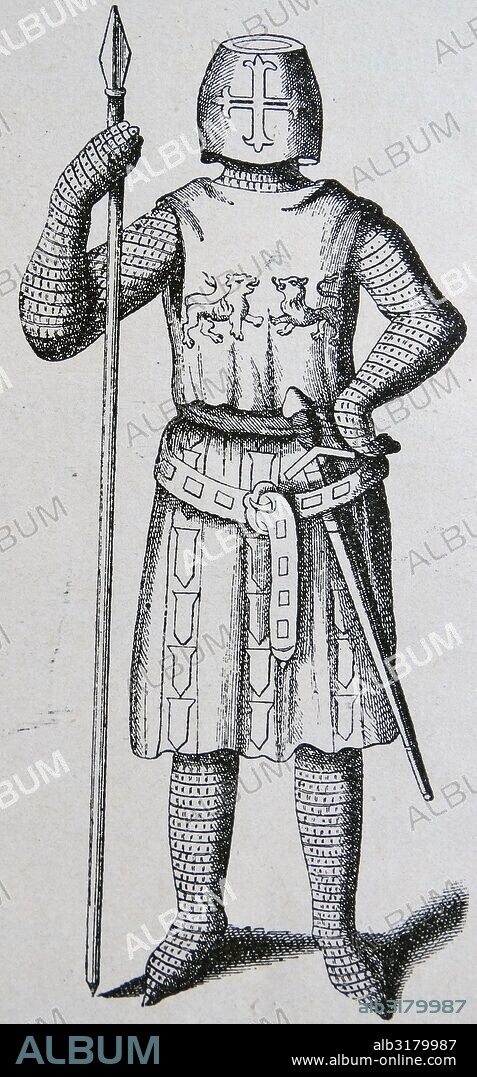 Engraving depicting a French knight of the 13th Century.