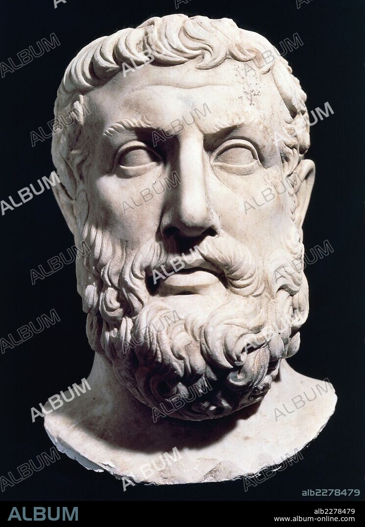 Bust of Parmenides (Elea, 515 BC-450 BC), pre-Socratic Greek philosopher. Marble statue, from Velia, Campania, Italy.