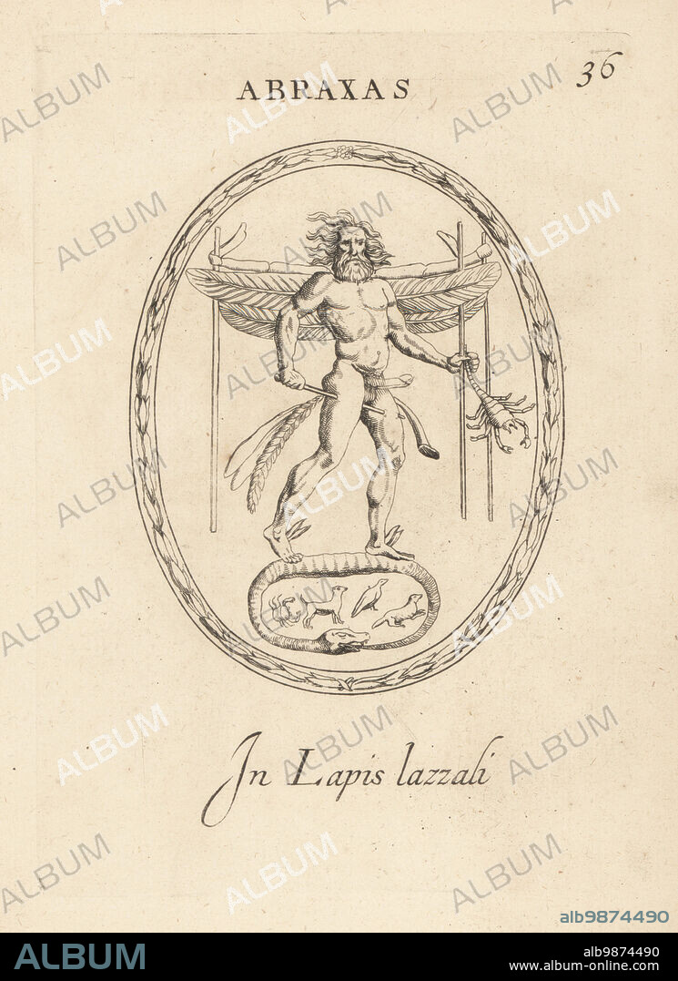 Abraxas, ancient Egyptian god of the Basilides and Alexandrines. Naked  winged man with erect penis like Priapus, winged feet like Hermes, holding  a lobster, standing on a - Album alb9874490